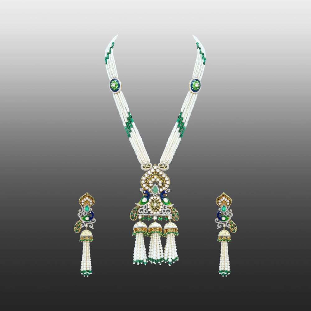 Pearl and Emerald Necklace Set with Polki and Peacock Motifs